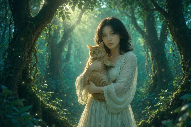 Fairytale style — AI-generated sample of a woman with her ginger cat